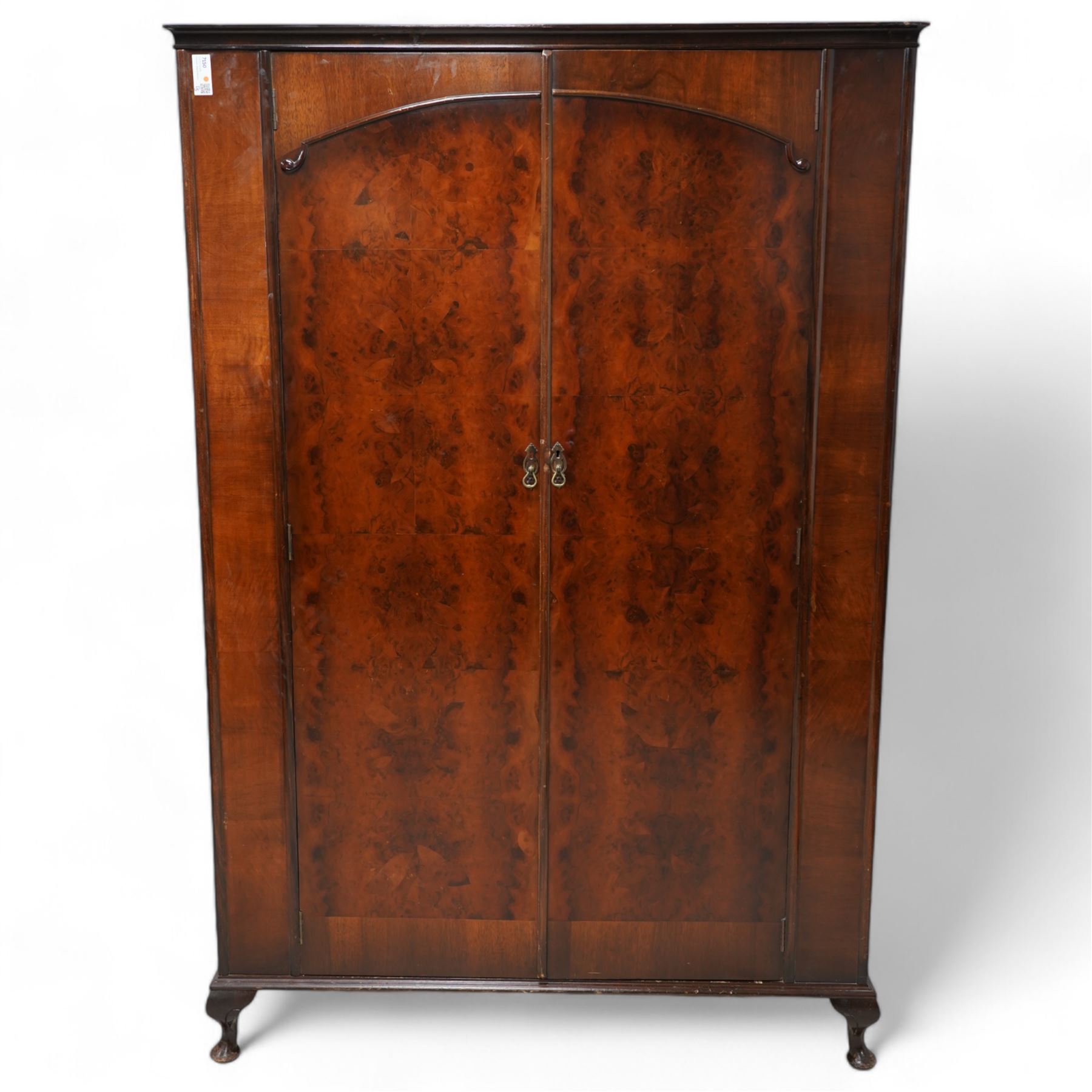 Mid-20th century figured walnut double wardrobe (W126cm, H189cm, D56cm); matching dressing table (W110cm, H153cm); with chair and stool