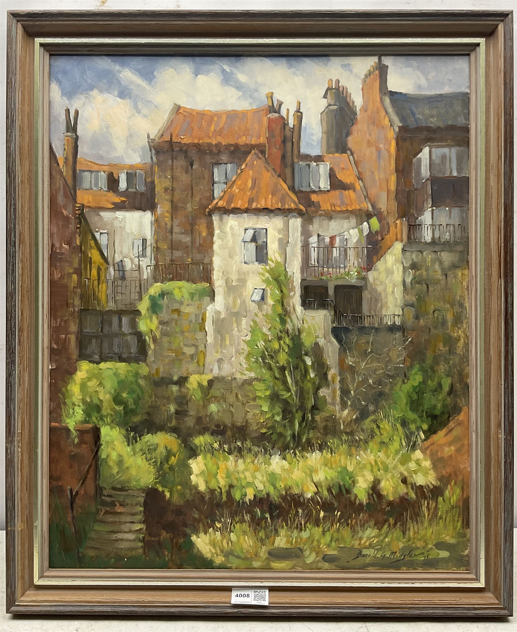 Donald Gray Midgely (British 1918-1995): Cottages at Robin Hood's Bay, oil on board signed and dated '75, 55cm x 45cm