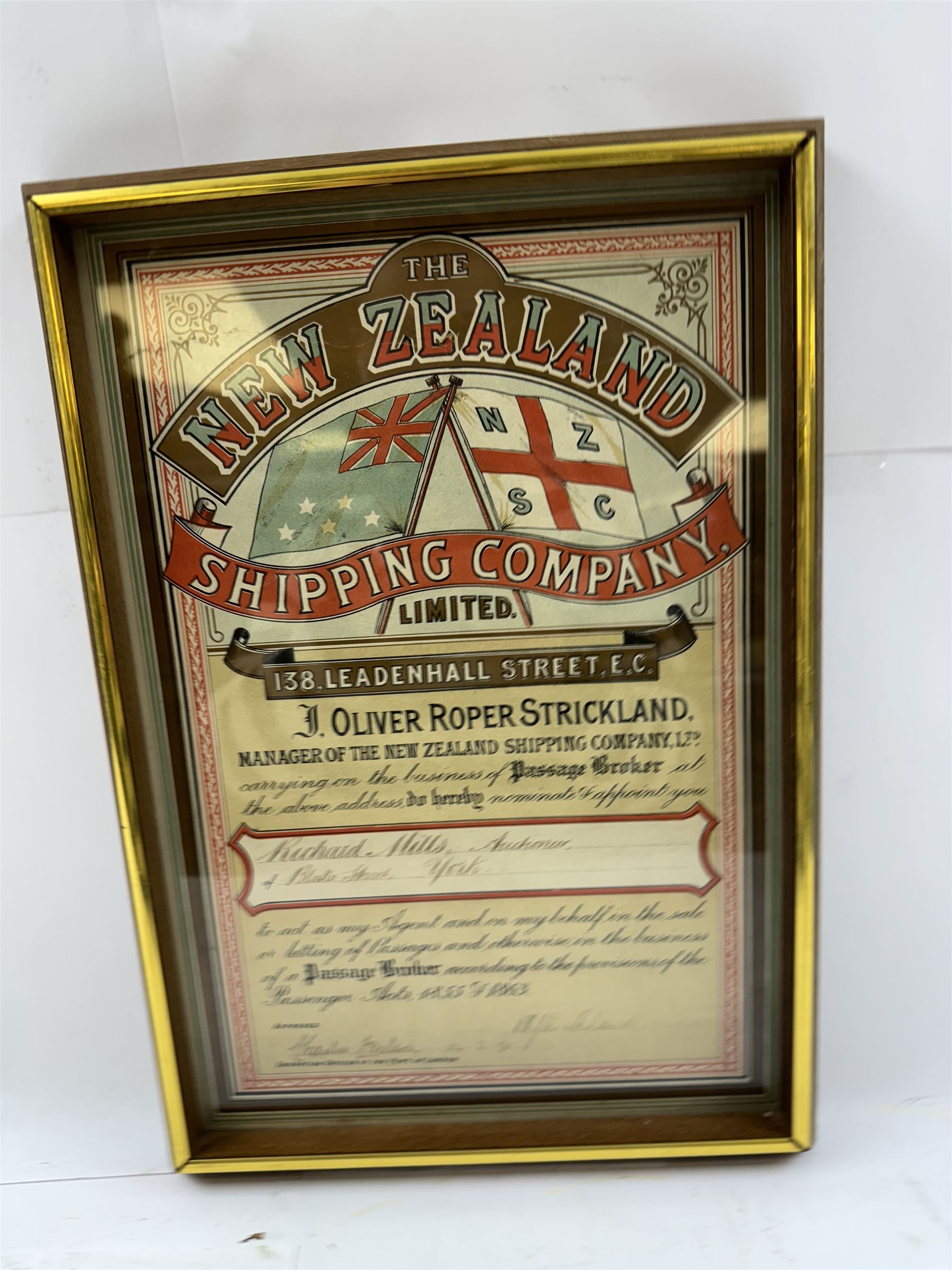 Four late 19th century/early 20th century passage broker certificates, for shipping lines including Allan Royal Mail Line, Beaver Line of Passenger Steamers, Shaw Savill & Albion Co Ltd and The New Zealand Shipping Company Limited, all within glazed wooden frames, largest H38cm