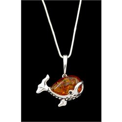 Silver amber whale pendant necklace, stamped 925