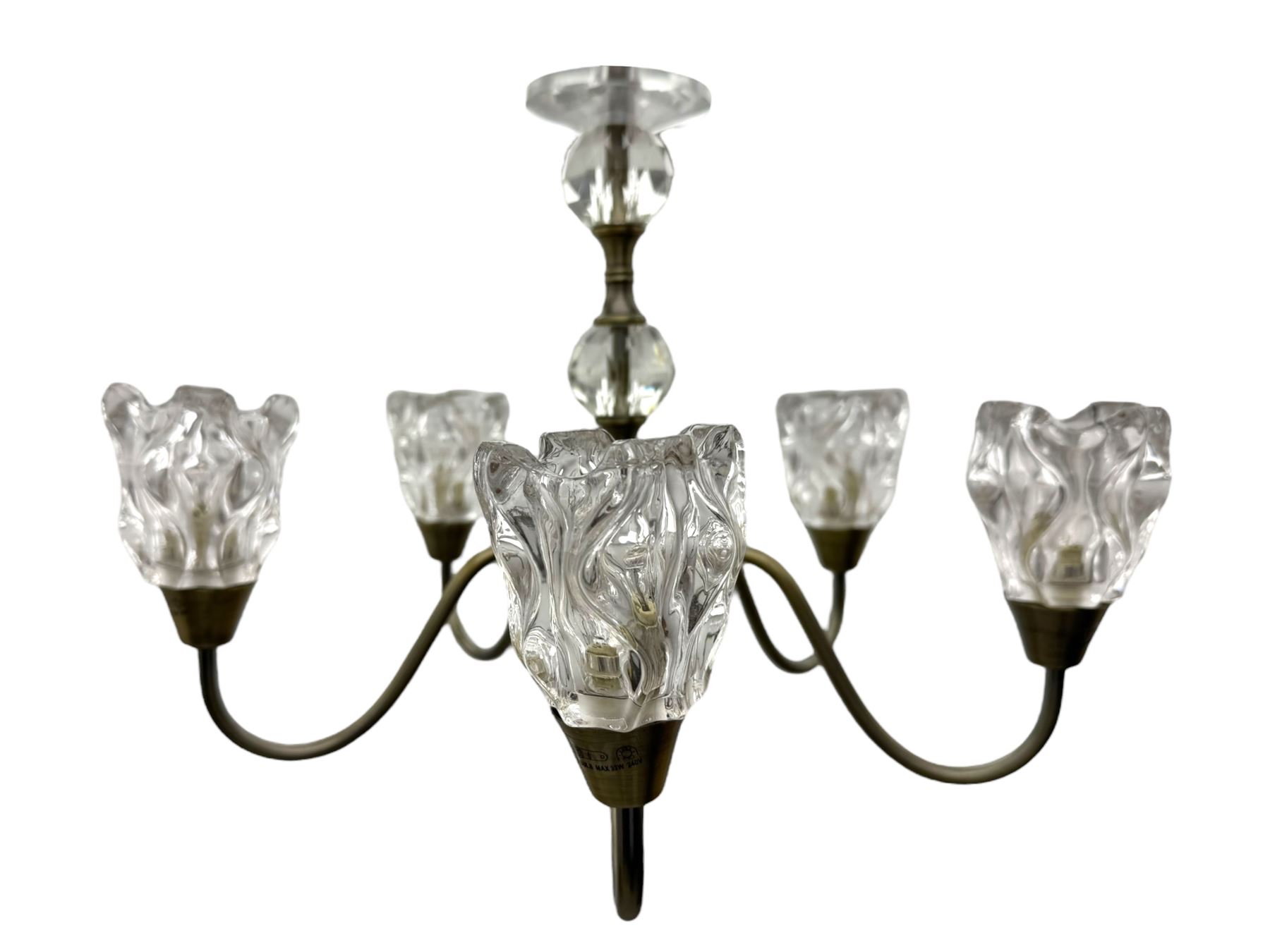 Contemporary five-branch chandelier, brass effect with moulded glass shades; matching pair of wall-mounted two-branch lights (3)