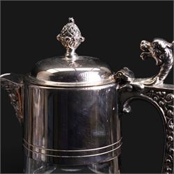 20th century silver-plated bottle coaster with grape vine decoration, cut glass claret jug with silver-plated mounts, H30cm and an early 20th century Elkington silver plate soup tureen, lacking cover 