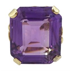 9ct gold single stone octagonal cut amethyst ring, with fancy rope twist design gallery, London 1972