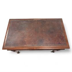 19th century mahogany writing table, rectangular top with moulded edge inset with leather writing surface, fitted with two frieze drawers with moulded facias, raised on turned supports terminating to brass cups and castors