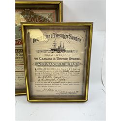 Four late 19th century/early 20th century passage broker certificates, for shipping lines including Allan Royal Mail Line, Beaver Line of Passenger Steamers, Shaw Savill & Albion Co Ltd and The New Zealand Shipping Company Limited, all within glazed wooden frames, largest H38cm