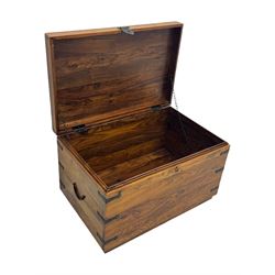 Hardwood and metal bound chest, enclosed by hinged lid, fitted with metal carrying handles