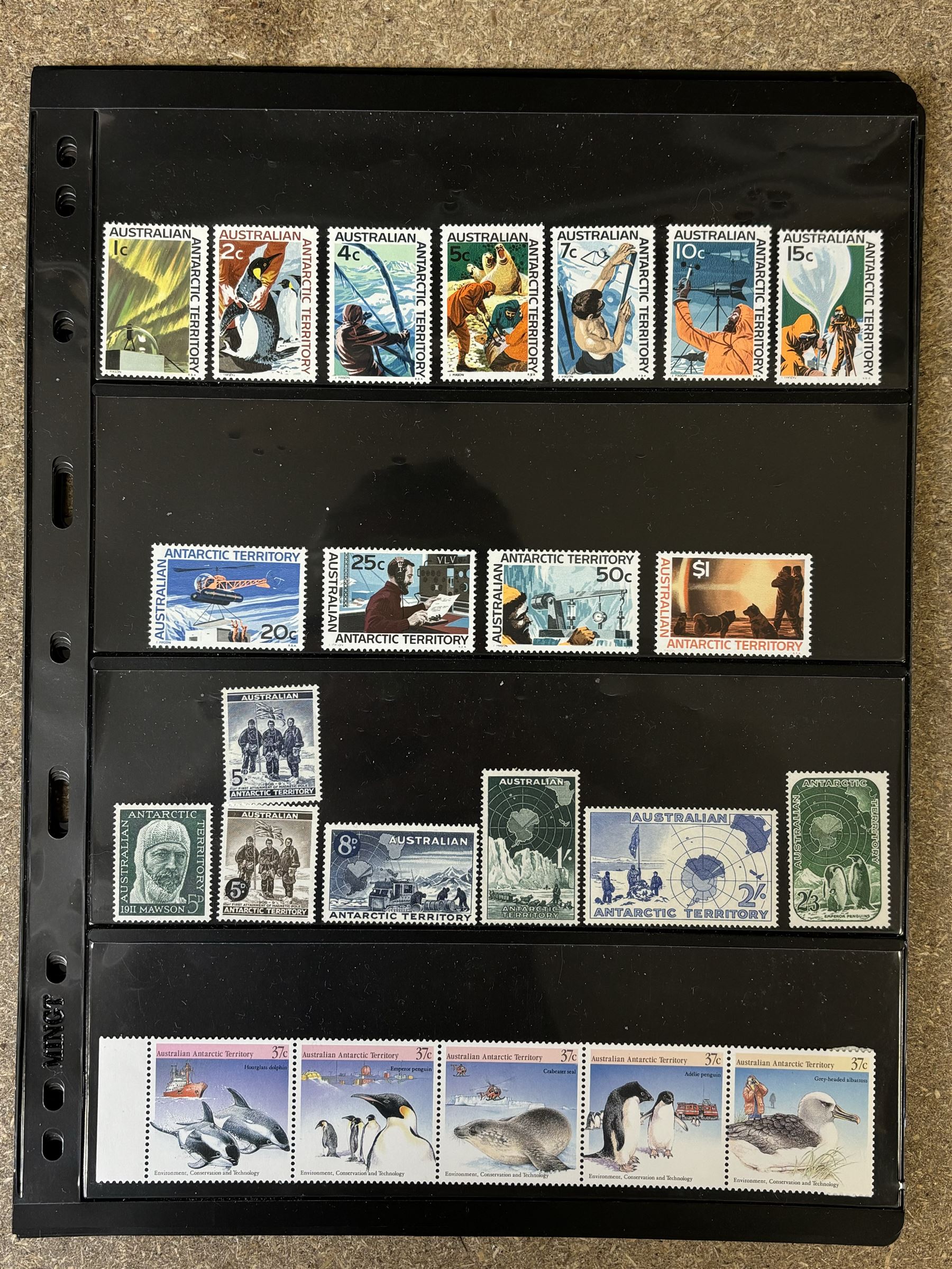 Queen Elizabeth II British Antarctic Territory mint stamps, including 1963-1969 SG 1 to 15a from half penny to both one pound values, 1993 SG 218-229 etc and a small number of Australian Antarctic Territory stamps, housed on stock pages