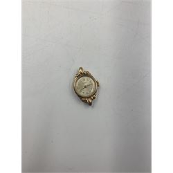 Early 20th century keyless fob watch, white enamelled dial with Roman numerals and subsidiary seconds dial, outer case stamped 14K, 9ct gold cased Rite-Tyme mechanical wristwatch, on a gilt stainless steel bracelet, a ladies 9ct gold cased mechanical movement wristwatch, with blue enameled case, on a rolled gold bracelet strap, ladies 9ct gold mechanical movement wristwatch on an expanding bracelet strap stamped 9ct and another 9ct gold cased mechanical movement wristwatch, together ladies Rotary 9ct gold cased mechanical wristwatch and ladies Bulova rolled gold mechanical wristwatch (lacking straps)