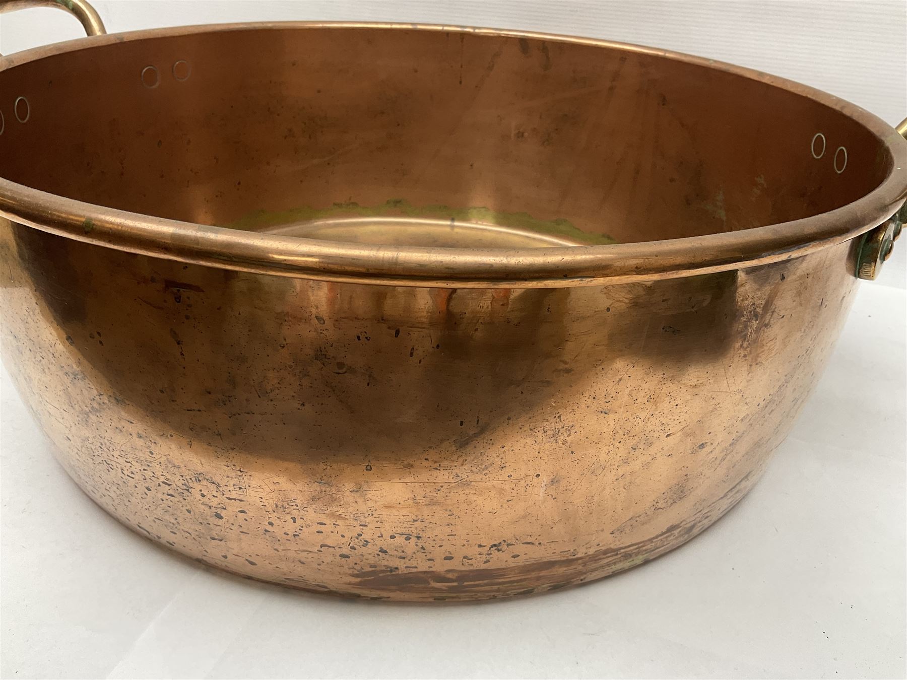 Large Victorian copper twin handled jam or preserve pan, not including handles H18cm D53cm