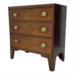 George III mahogany chest, rectangular ebony strung top, fitted with three graduating cock-beaded drawers with oval pressed brass handle plates and demi-lune handles, on tall bracket feet 