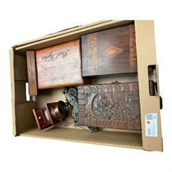 Collection of wooden boxes, including calved examples, marquetry, etc