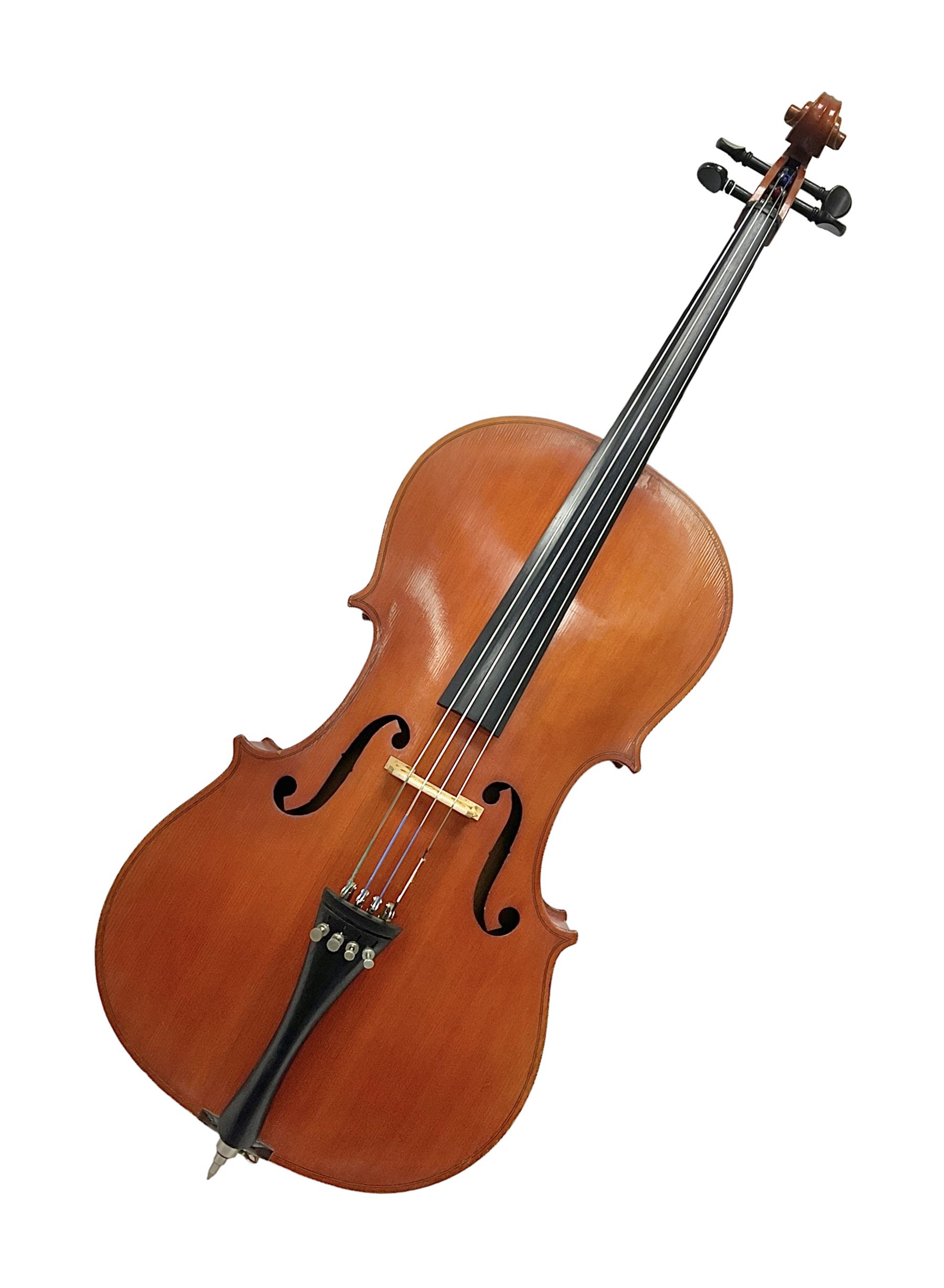 3/4 size cello with soft case, 69cm back length, 114cm full length 