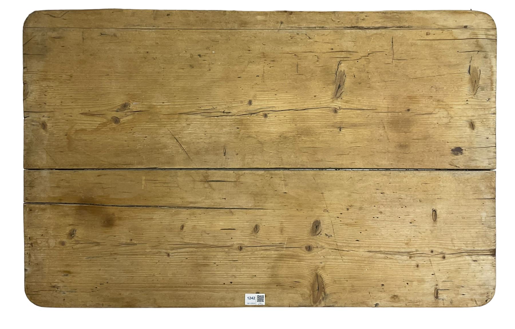 19th century rustic stripped pine side table, two plank rectangular top over square supports