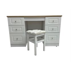 Oak and white finish twin pedestal dressing table or desk, fitted with six drawers and with stool