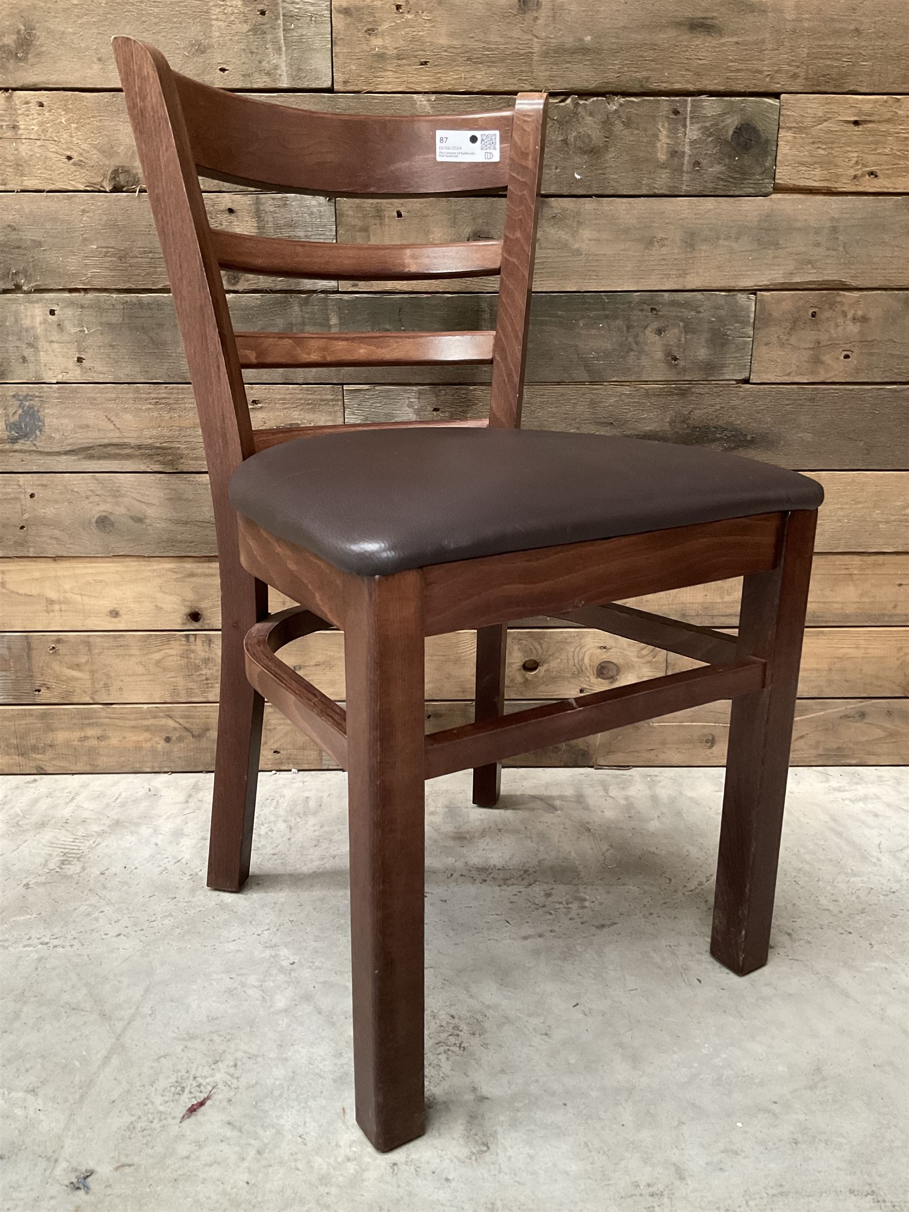 12 x dark walnut low back restaurant chairs, faux leather seat