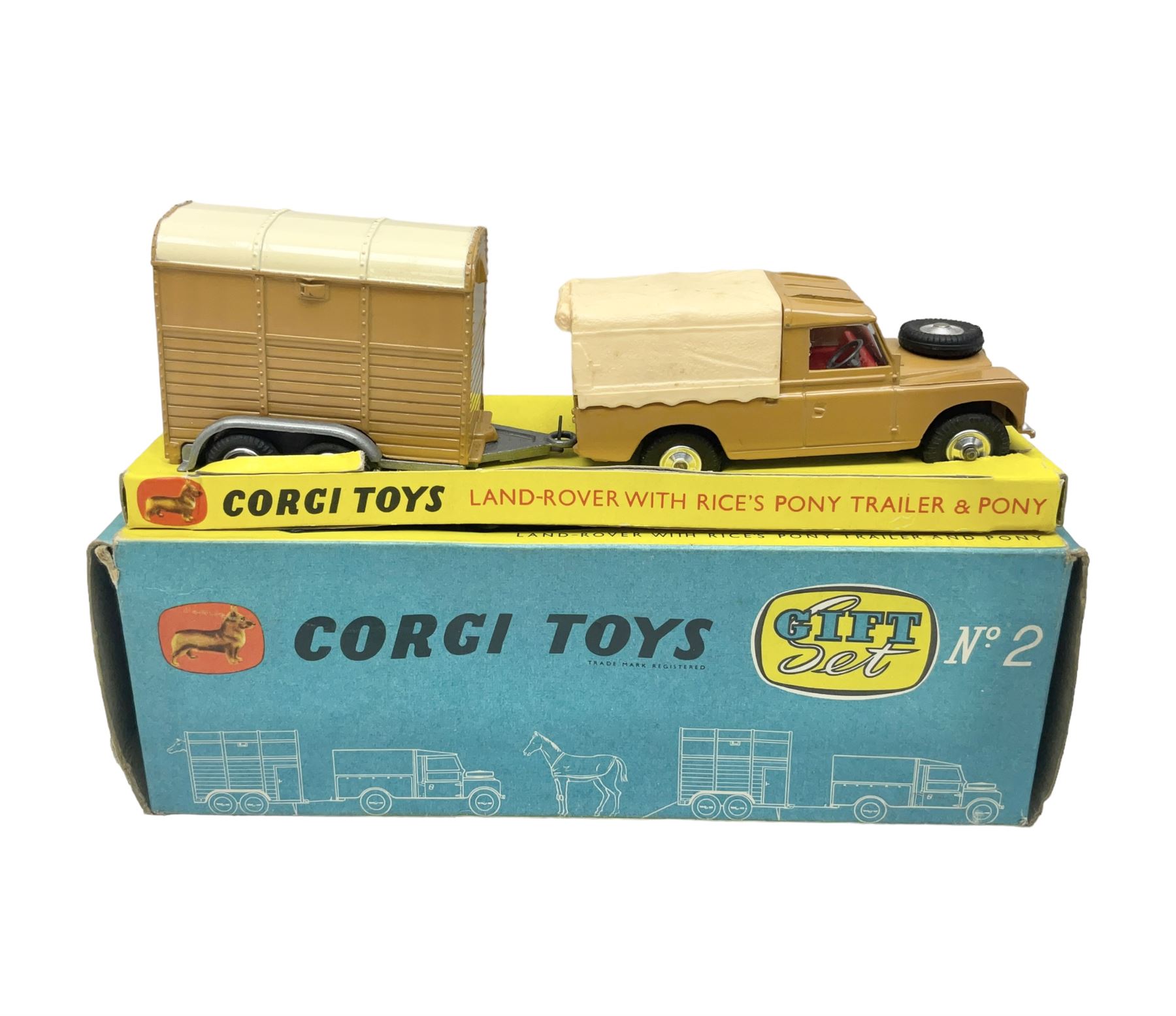 Corgi - Gift Set No.2 Land Rover with 'Rices' Pony Trailer and Pony, tan livery, in original box 