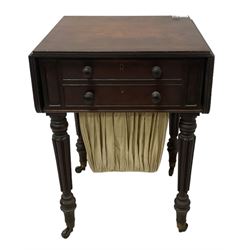 19th century mahogany drop-leaf work table, rectangular top with rounded corners, fitted with two cock-beaded drawers over pleated silk storage well, with matching opposing faux drawers, on turned and lobe moulded supports on castors