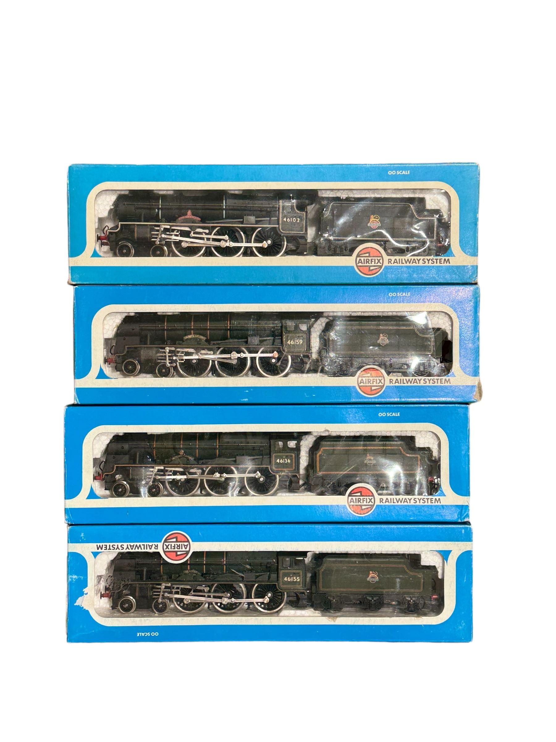 Four Airfix '00' gauge Royal Scot Class 4-6-0 locomotives, comprising 54120-0 Royal Scots Fusiliers locomotive no. 46103 in LMS black livery and three 54121-3 reworked as The Lancer no. 46155, The Border Regiment no. 46136 and The Royal Airforce no. 46159, all in BR green livery, all boxed