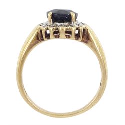 9ct gold oval cut sapphire and round brilliant cut diamond cluster ring, hallmarked