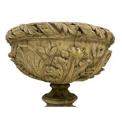 Pair of composite stone garden urn planters, acanthus leaf garland rim over foliate decorated body, stepped foot on square base