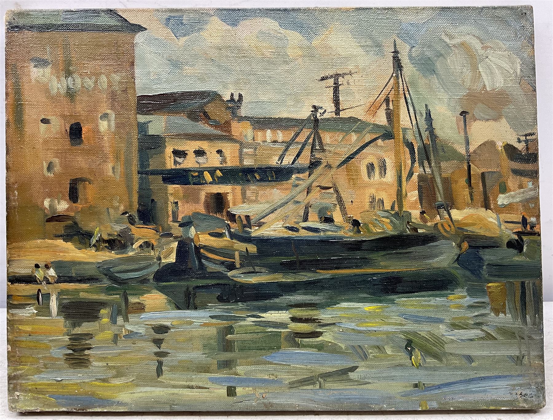 Muriel Metcalfe (British 1910-1994): Loading Boats at the Hovis Factory, oil on canvas, possible remains of signature l.r., attributed verso 30cm x 40cm (unframed)