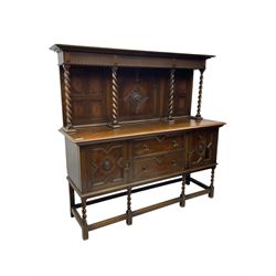 Jacobean Revival oak dresser, projecting moulded cornice over arcade carved frieze and panelled back, on spiral turned supports, moulded rectangular top over two cupboards and two drawers, on spiral turned supports united by moulded stretchers 