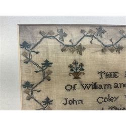 William IV needlework sampler by Ann Coley aged 8 years, dated 1835, embroidered with 'The Register of William and Alice Coley's Children' in a floral border, framed, frame H45cm