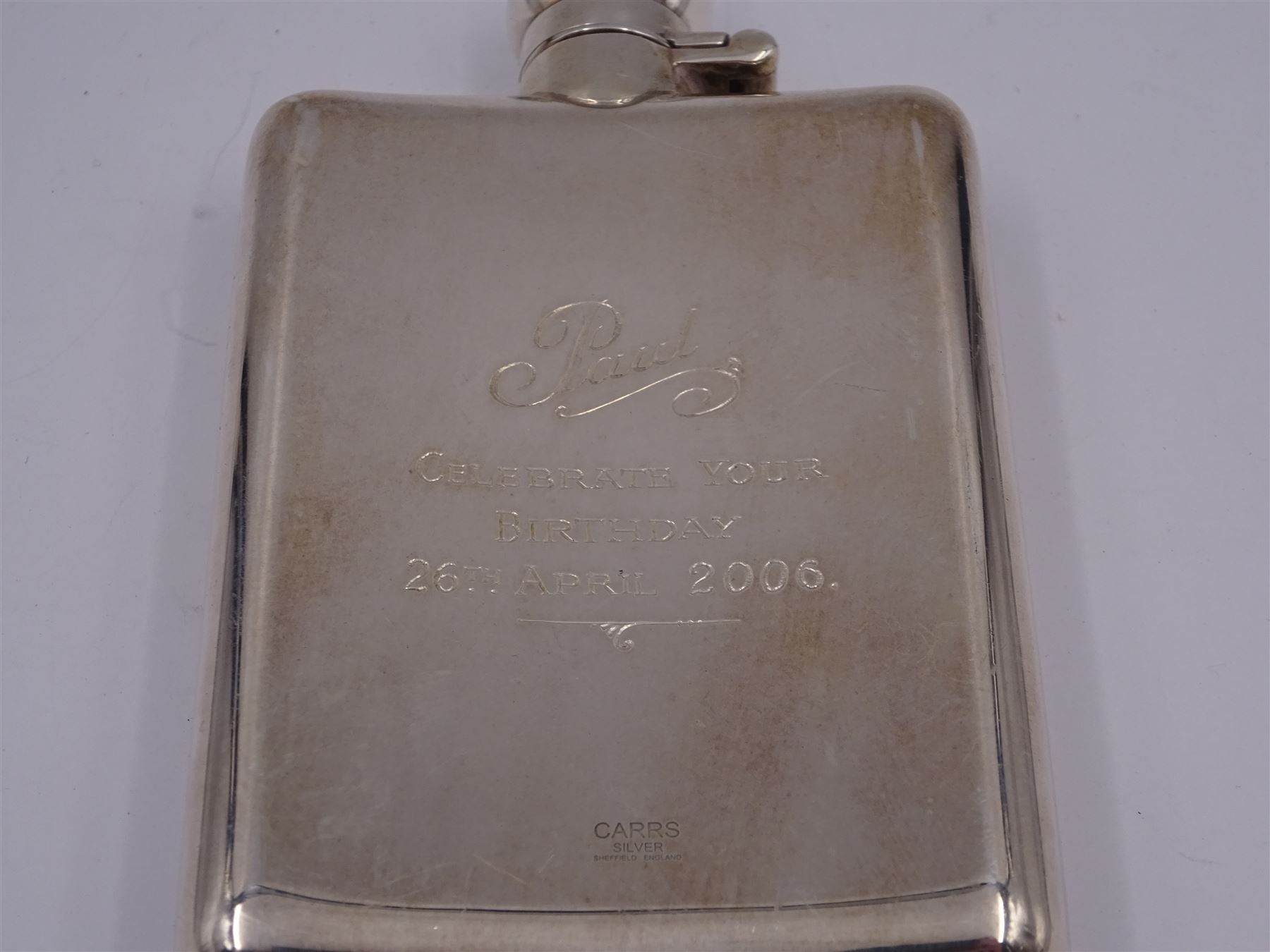 Modern silver hip flask, of typical form with hinged cap, the body with personal engraving, hallmarked Carr's of Sheffield Ltd, Sheffield 2005, H12.5cm