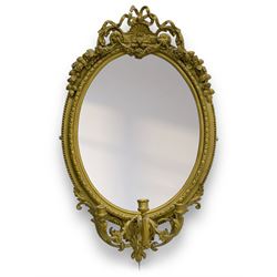 19th century giltwood and gesso girandole wall mirror, the raised pediment decorated with ribbon tie over curled acanthus leaves and flowerhead festoons, oval egg and dart moulded frame with outer bead, three projecting candle sconces in the form of scrolled acanthus leaves, lower shell motif with extending leaf decoration 