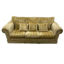 Duresta England - three-seat sofa, upholstered in pale gold fabric, traditional shape with rolled arms