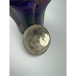 Austrian Art Nouveau Kralik glass biscuit barrel, the iridescent veined purple body of lobed octagonal form, with plated handle and cover, including handle H25cm