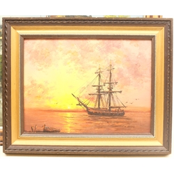 Oliveri (20th century): Continental High Street, oil on board signed, and Ship at Sunset, oil on board signed Alexis, max 59cm x 89cm (2)