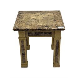 Square lamp table, variegated marble top, on square supports with block feet 