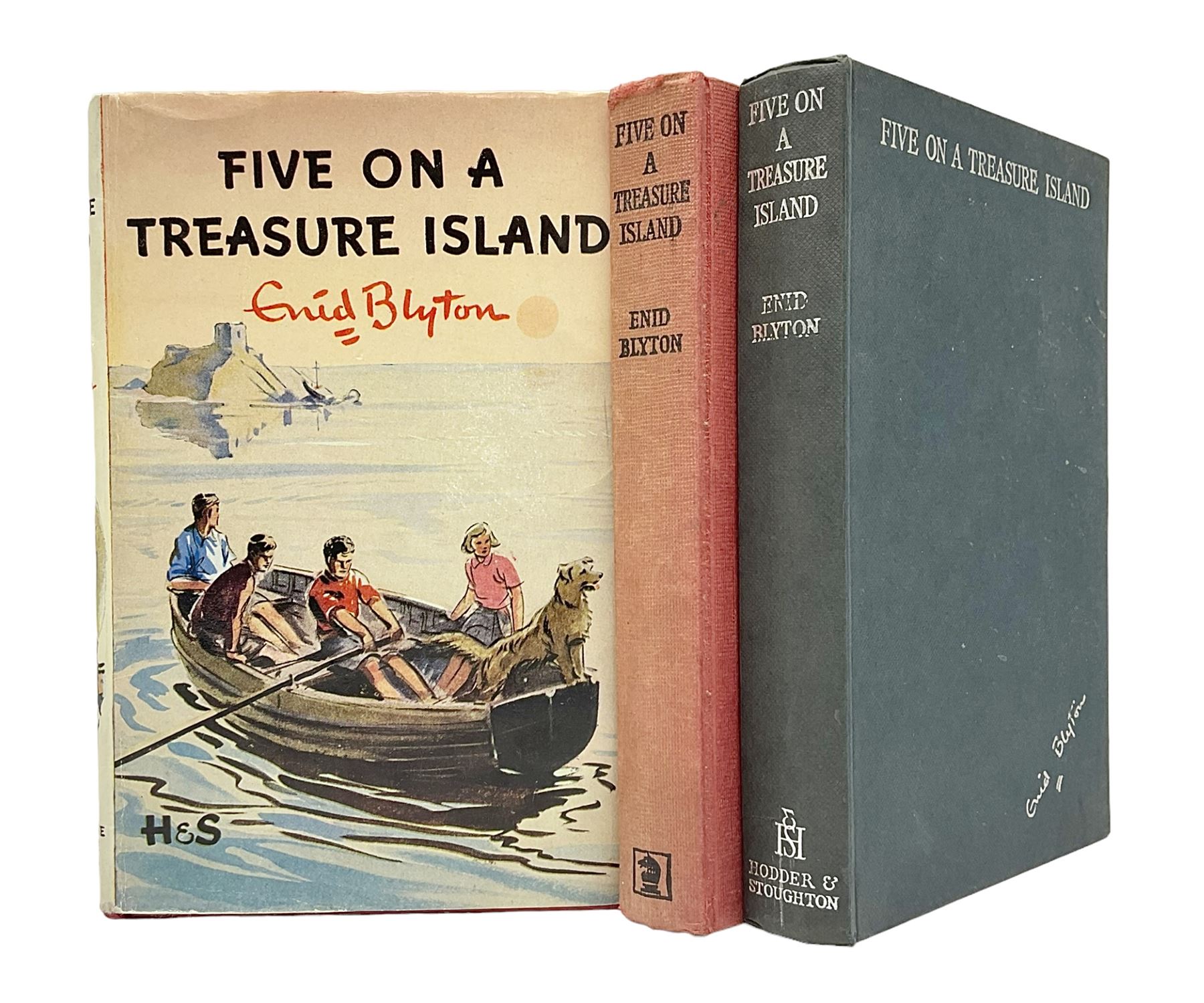 Enid Blyton; three copies of The First Adventure of the Famous Five; Five on Treasure Island, comprising 1963 edition, 1949 edition and 1963 edition  