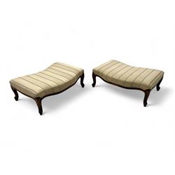 Pair of French design stained beech footstools, shaped form upholstered in pale fabric with herringbone stripe, on cabriole feet with scroll carved terminals 