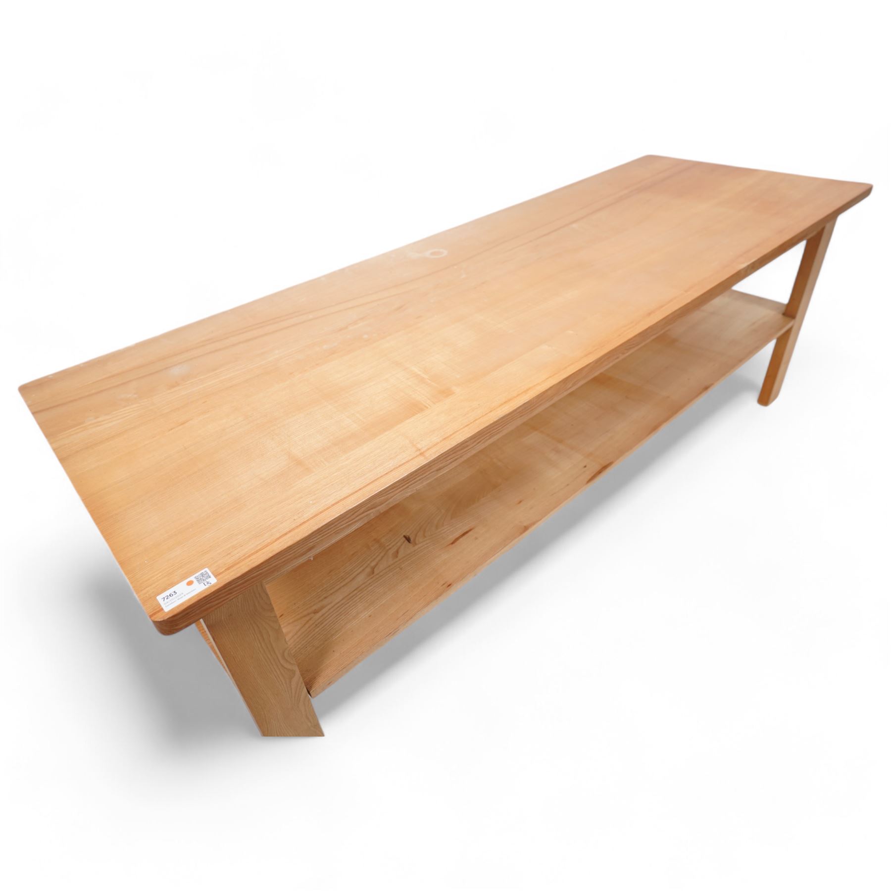 Treske - light elm refectory table, rectangular top over rectangular block supports united by under tier 