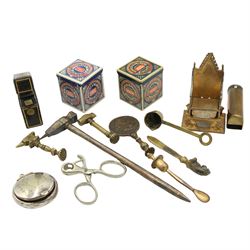 Two miniature Huntley & Palmers biscuit tins, tooled gilt and leather bound lighter, Edwardian silver-plated compact, three 19th century brass pipe tampers, with medallion, anvil and hammer handles, Britains coronation chair, etc 