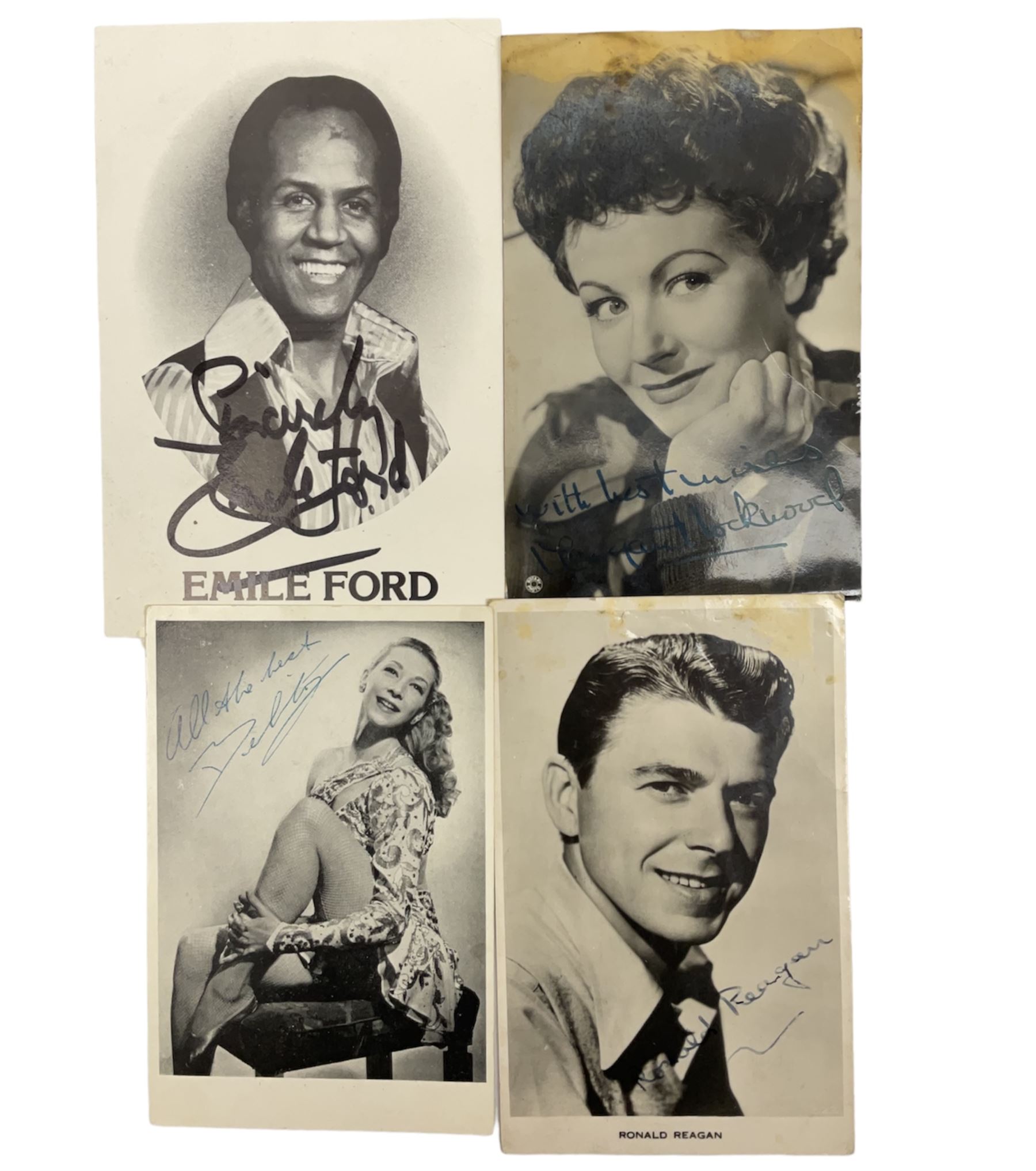 Belita, Margaret Lockwood, Emile Ford, three signed photographs, together with a spurious Ronald Reagan signature