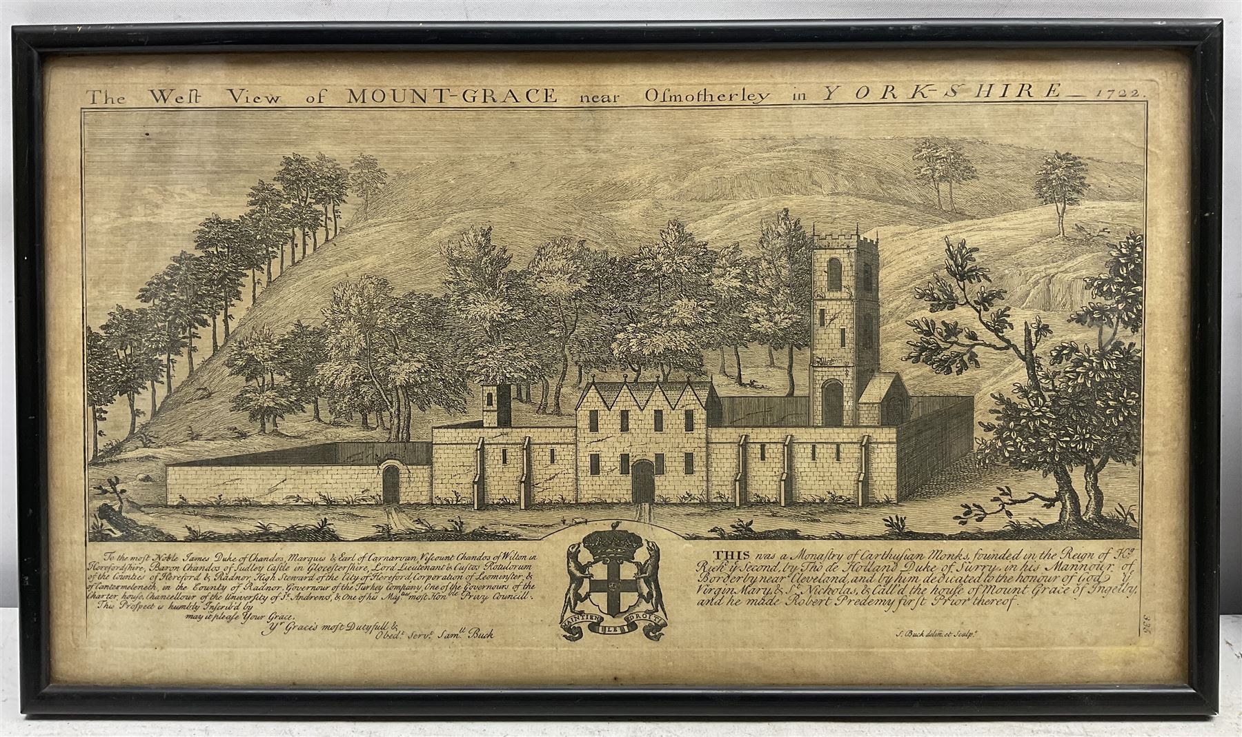 Samuel Buck (British 1697-1779): 'The West View of Mount-Grace - Yorkshire' and 'The East View of Lady's Chapel - Yorkshire', pair 19th century engravings pub. 1722, 21cm x 37cm (2)