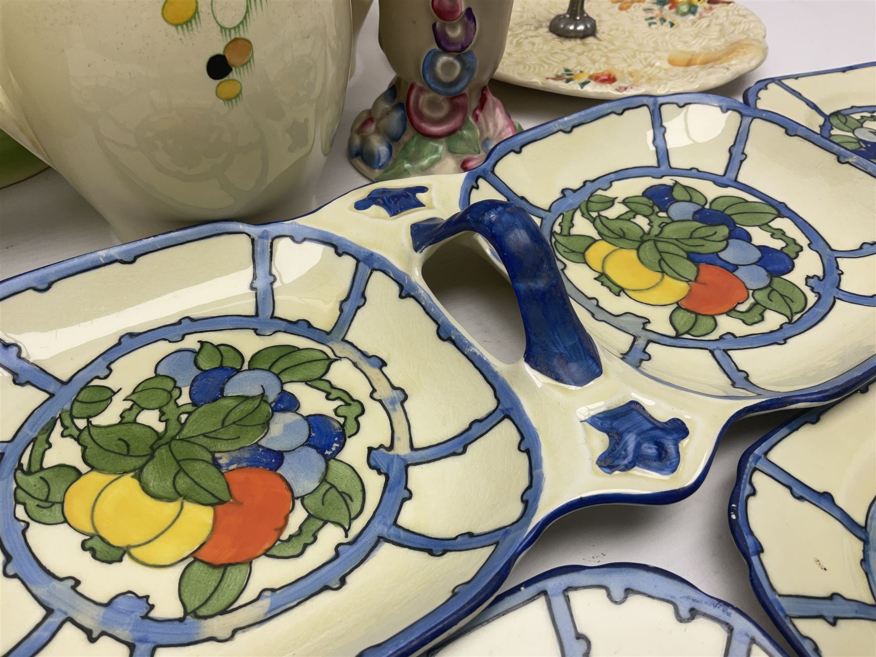 Collection of 1930s ceramics, comprising Shorter & Son jug with bird handle, set of three J.H.W & Sons graduating jugs, Clarice Cliff My Garden pattern vase and Celtic Harvest pattern cake plate and a Burleigh Ware sandwich plate set, bird jug H21cm