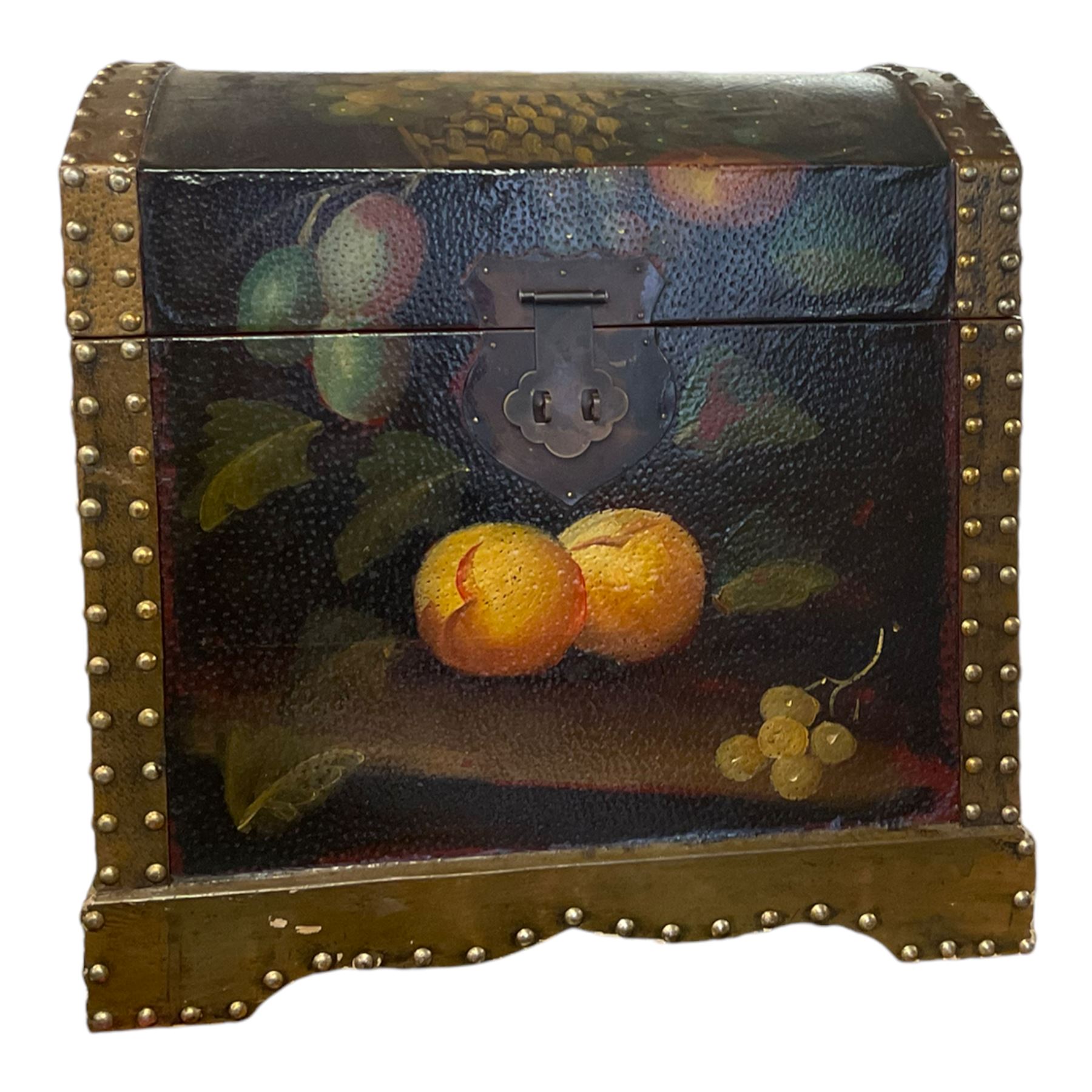 Wooden chest, decorated with fruits to the front and hinged lid, H44cm, 