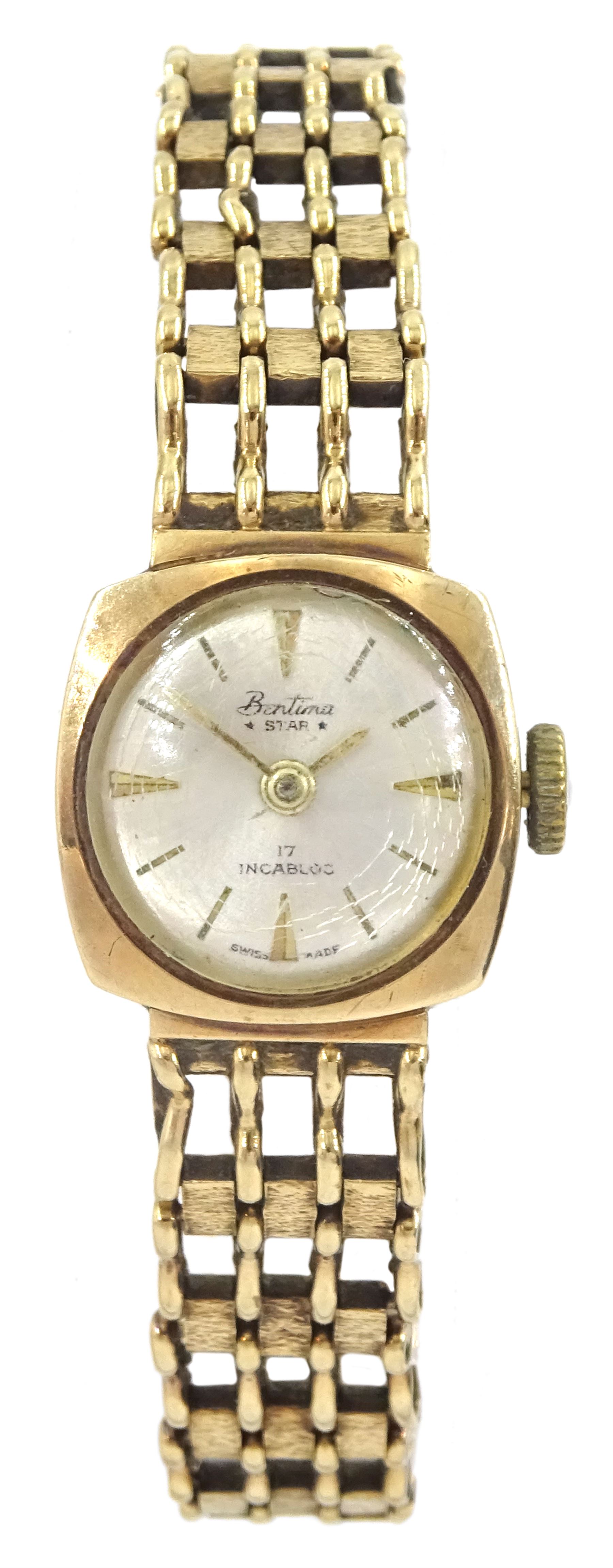 Bentima Star ladies 9ct gold manual wind wristwatch, on integral 9ct gold bracelet, hallmarked