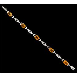 White gold citrine bracelet, five octagonal cut citrines, spaced by gold geometric links, stamped 9ct, markers mark RP Ltd