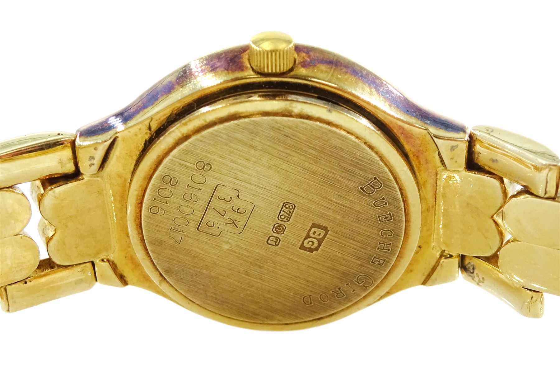 Bueche Girod ladies 9ct gold quartz wristwatch, with integral 9ct gold bracelet, London import mark 1993