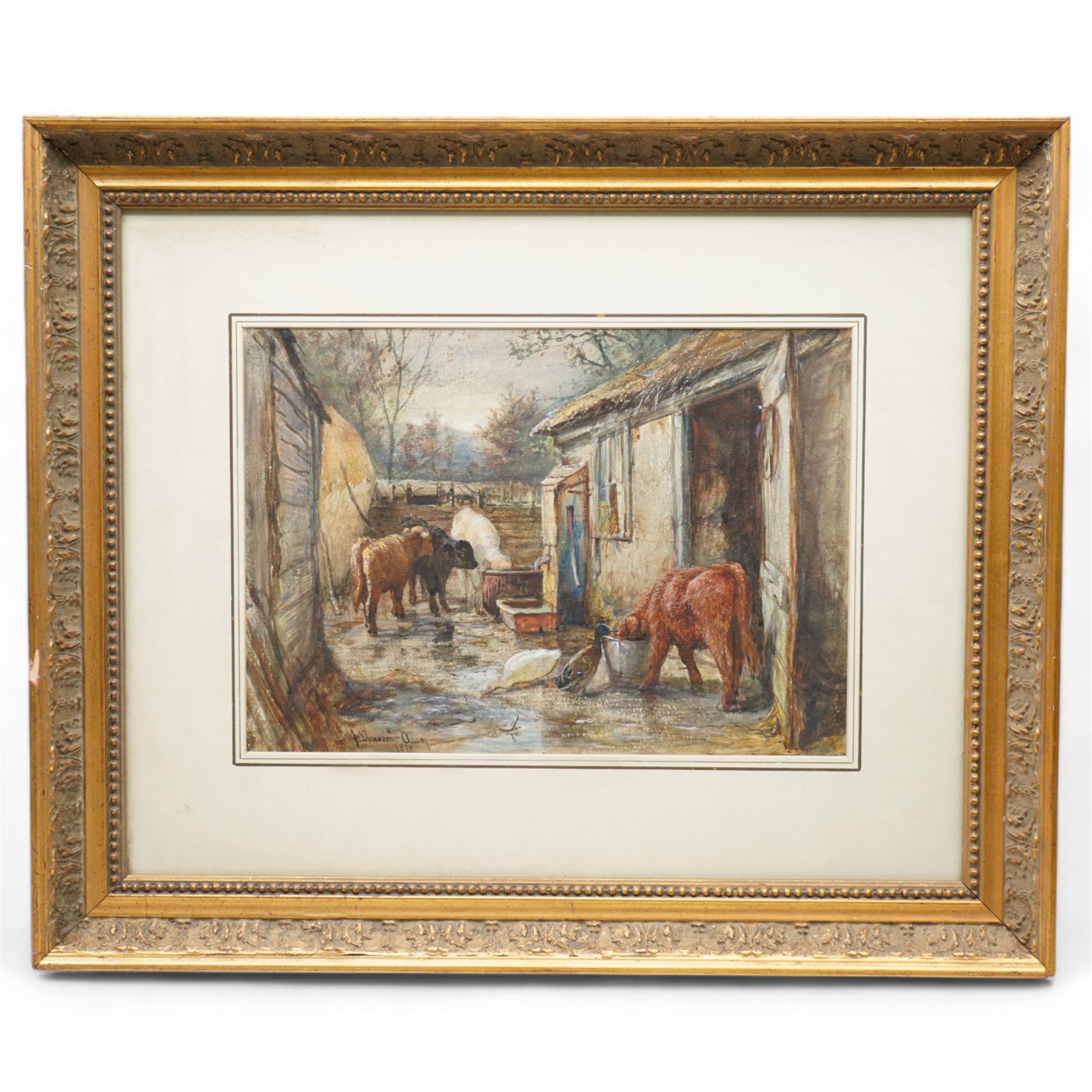 Joseph Denovan Adam (Scottish 1842-1896): Calves Feeding in the Farmyard, watercolour signed and dated 1878, 25cm x 36cm