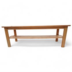 Treske - light elm refectory table, rectangular top over rectangular block supports united by under tier 