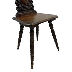 19th century oak hall chair, shaped and pierced back carved with crown cresting over curled and scrolled acanthus leaves, tapered rectangular seat with foliate carved corners and fluted chamfered edge, on turned and lobe carved splayed supports 