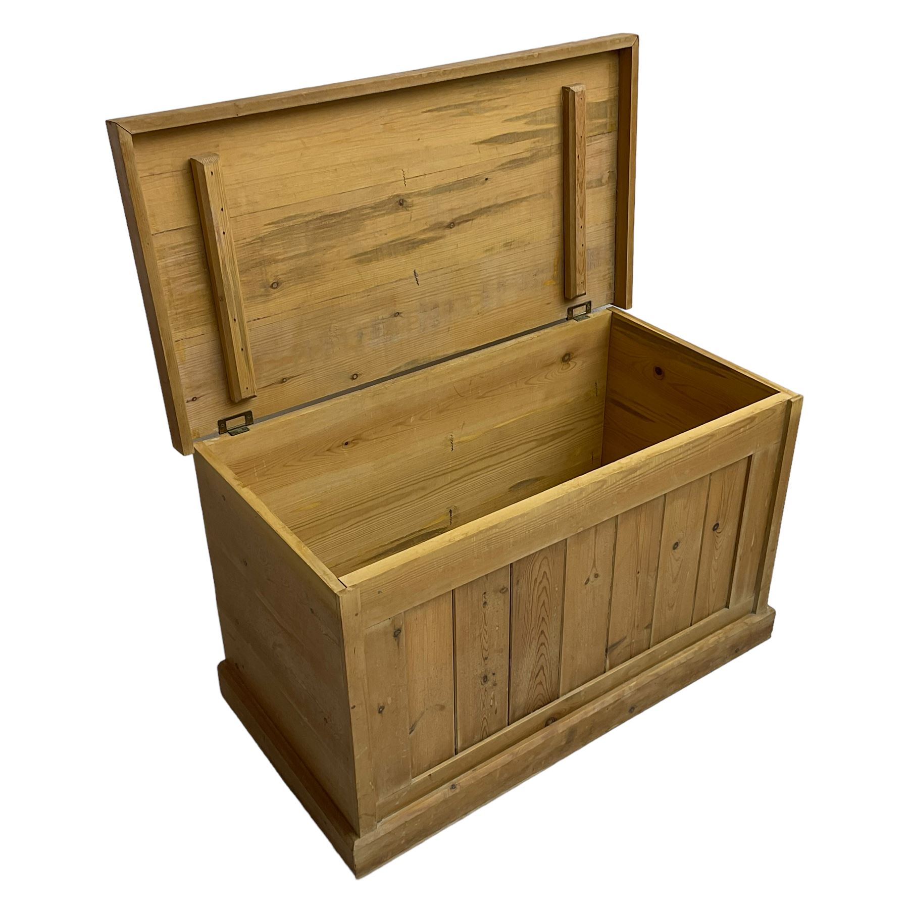 Waxed pine blanket box, hinged lid over panelled front