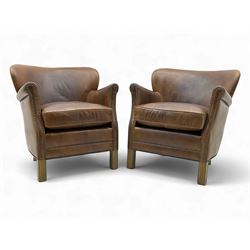 Halo - pair 'Little Professor' club armchairs, upholstered in tan leather with brass studw...