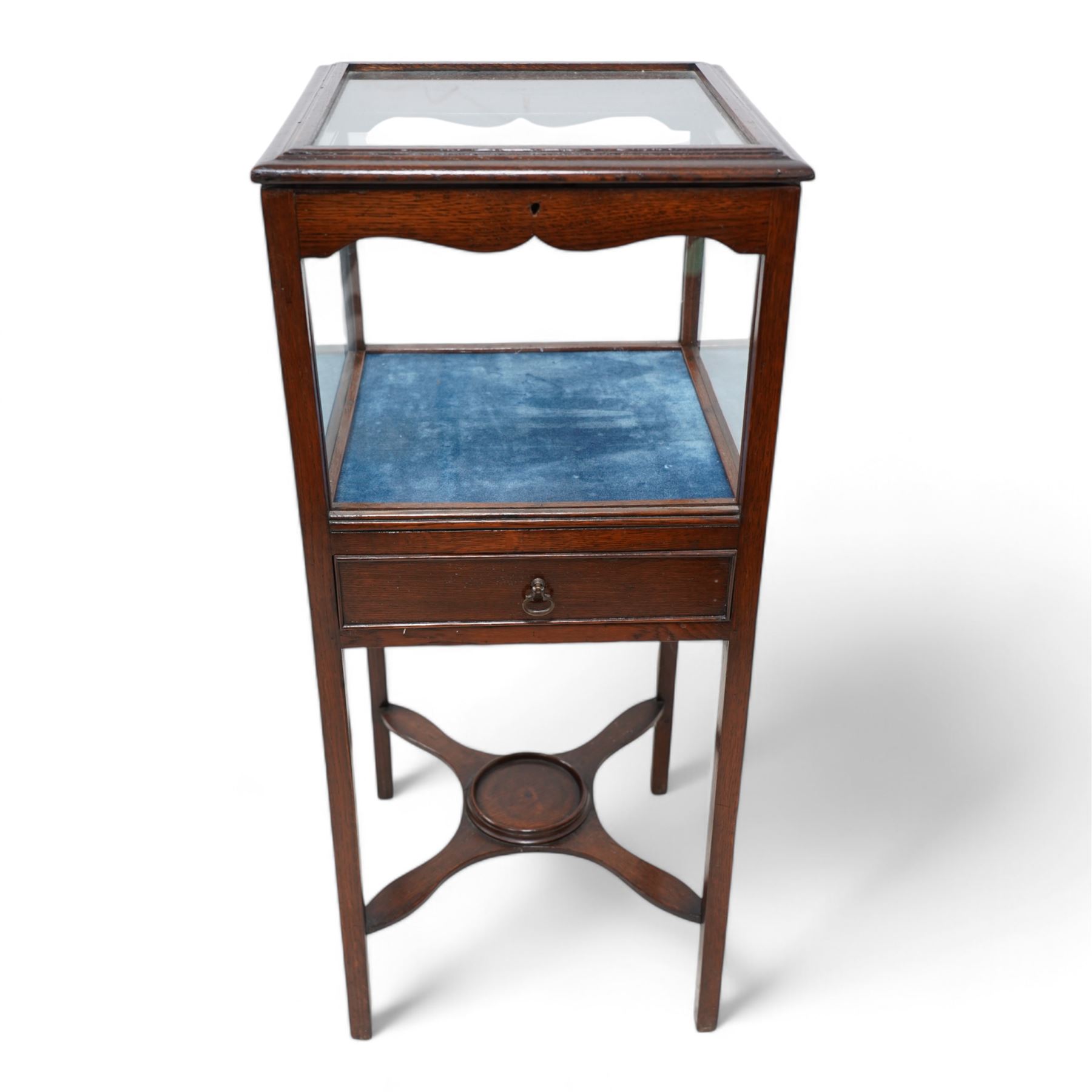 19th century oak and glazed bijouterie cabinet, hinged lid with moulded surround, fitted with single cock-beaded drawer, on square supports united by under tier 